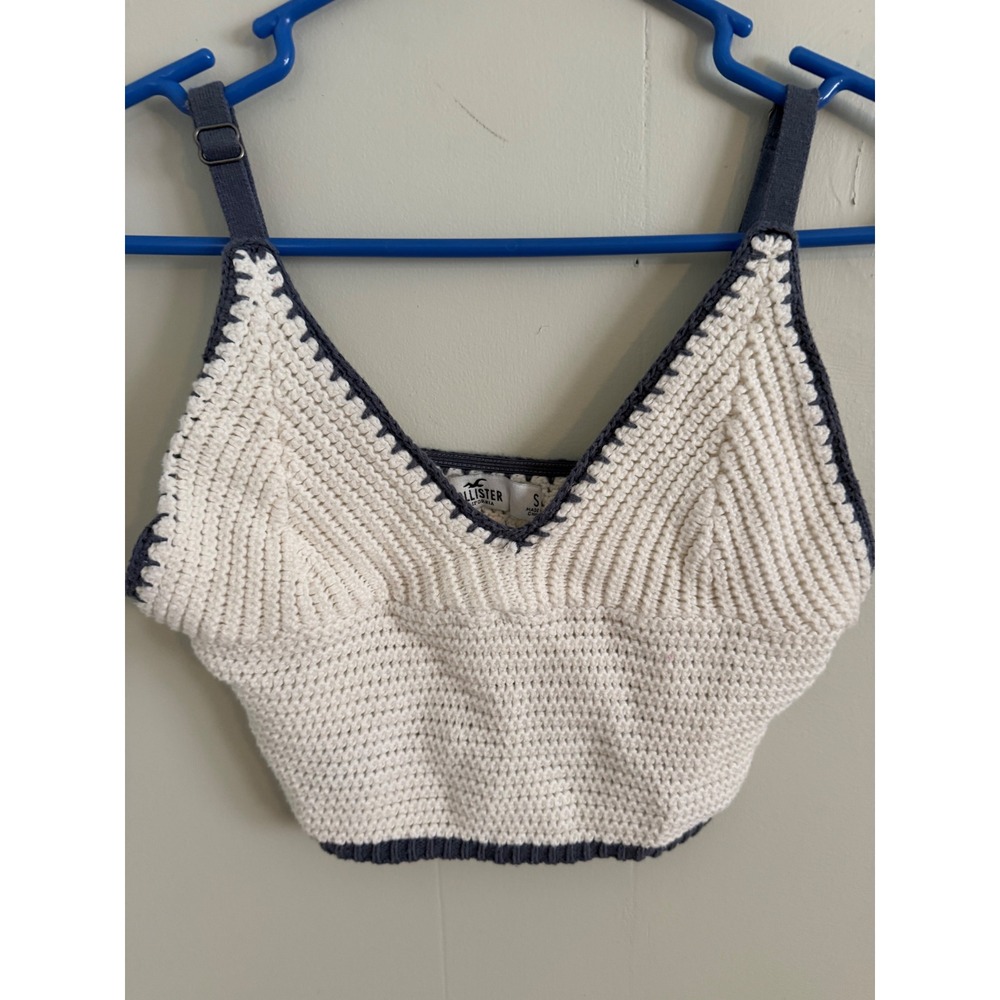 Hollister Crochet Knit Crop Top Cream Navy Blue Boho Cami Small